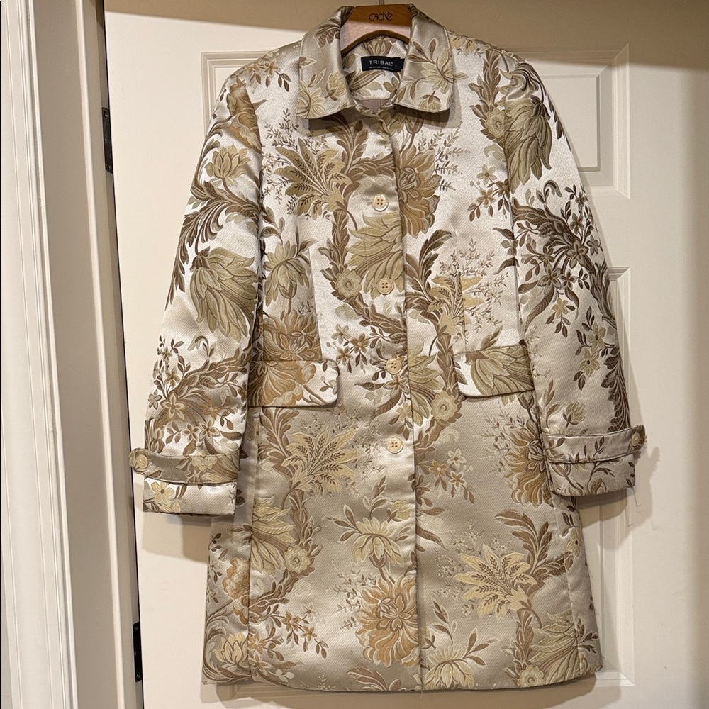 Tribal Beige and Gold Floral Trench Coat